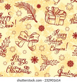 Christmas decorations vintage elements seamless pattern background.  Retro vector background. Hand drawn Christmas seamless pattern