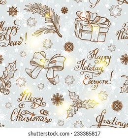 Christmas decorations vintage elements seamless pattern background.  Retro vector background. Hand drawn Christmas seamless pattern