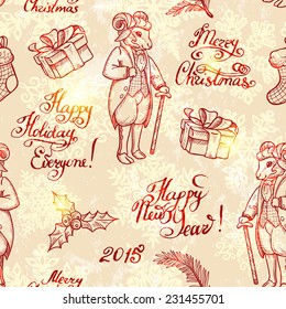 Christmas decorations vintage elements sheeps seamless pattern postcard background. Symbol 2015 year sheep. Retro vector background. 