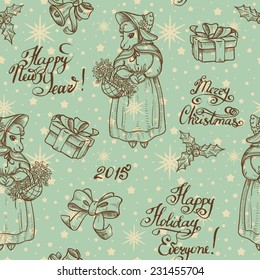 Christmas decorations vintage elements sheeps seamless pattern postcard background. Symbol 2015 year sheep. Retro vector background. 