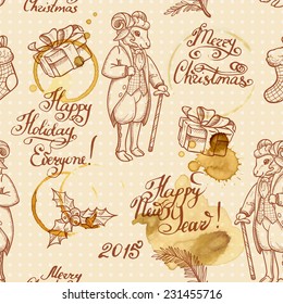 Christmas decorations vintage elements sheeps seamless pattern postcard background. Symbol 2015 year sheep. Retro vector background. 