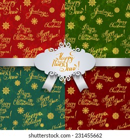 Christmas decorations vintage handwritten seamless pattern postcard background. Retro vector background. 