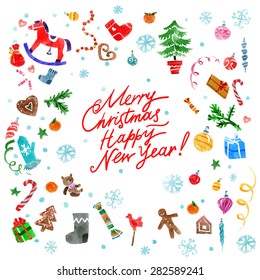 Christmas Decorations In Water Color Style, Includes Phrase Merry Christmas And Happy New Year