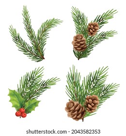 Christmas decorations watercolor style. Holly berry, fir, branch, pine cone, spruce, isolated on white background.