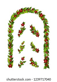 Christmas decorations withholly leaves, red poinsettia flowers and white snow, Vertical arch with design elements Illustration for xmas and new year design.