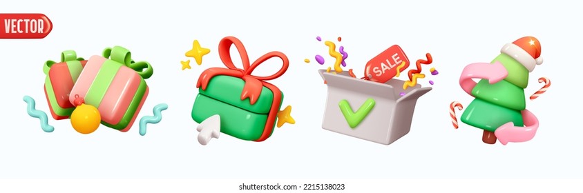 Christmas decorations. Xmas Decor Realistic 3d design in cartoon plastic style, green christmas tree, two gift box, open cardboard box with label tag sale. winter holiday element. vector illustration