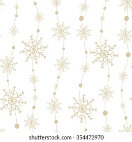 Christmas decorations for your design. Celebratory pattern with snowflakes hanging on strings. Seamless winter background.