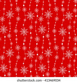 Christmas decorations for your design. Celebratory pattern with snowflakes hanging on strings. Seamless winter background.