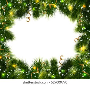 Christmas decorative background with green fir branches colorful festive ribbons and balls vector illustration