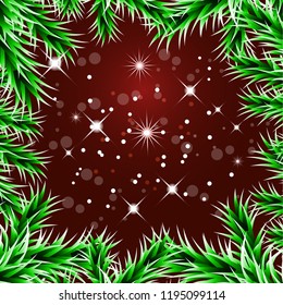 Christmas decorative background with green spruce branches, magic glare, snowflakes. Vector illustration EPS10
