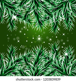 Christmas decorative background with green spruce branches, magic glare, snowflakes. Vector illustration EPS10