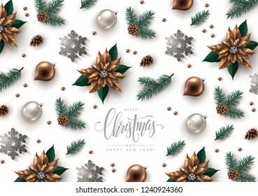 Christmas Decorative Background made of Pine Branches, Ornaments, Snowflakes, cookies and Calligraphic Inscription. Flat lay, top view.