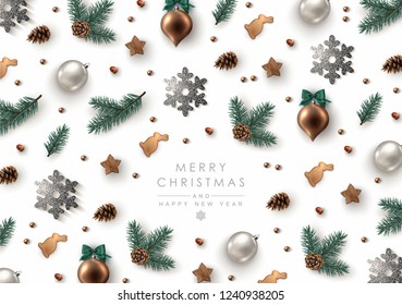 Christmas Decorative Background made of Pine Branches, Ornaments, Snowflakes, Cookies and Fir-cones. Flat lay, top view.