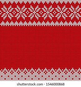 Christmas decorative background, pattern vector. Holiday white ornament of snowflakes on red canvas. Sweater with traditional winter embroidery, fancywork. Xmas celebration postcard, illustration