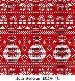 Christmas decorative background vector, winter. Holiday ornament on red canvas, seamless pattern. Seasonal sweater with embroidery of gift, ball and snowflakes illustration. Xmas and New Year ornate