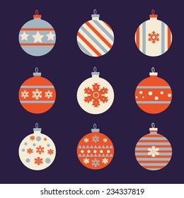 Bolas decorativas de Navidad. Ilustración vectorial plana.