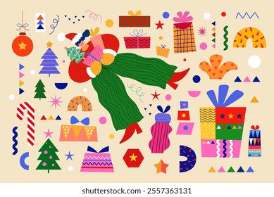 Christmas decorative banner with funny character and gift boxes	