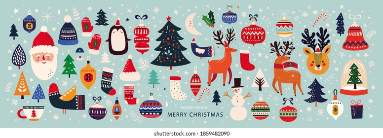 Christmas decorative banner with funny Santa Claus, Christmas toys, Christmas tree and holiday elements. Christmas pattern