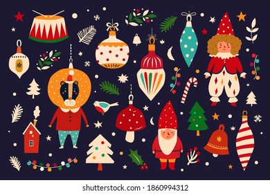 Christmas decorative banner with funny Santa Claus, vintage Christmas toys, Christmas tree and holiday elements. 