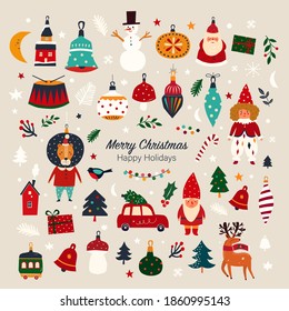 Christmas decorative banner with funny Santa Claus, vintage Christmas toys, Christmas tree and holiday elements. Christmas pattern