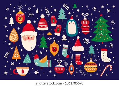 Christmas decorative banner with funny Santa Claus, Christmas toys, Christmas tree and holiday elements. Christmas pattern