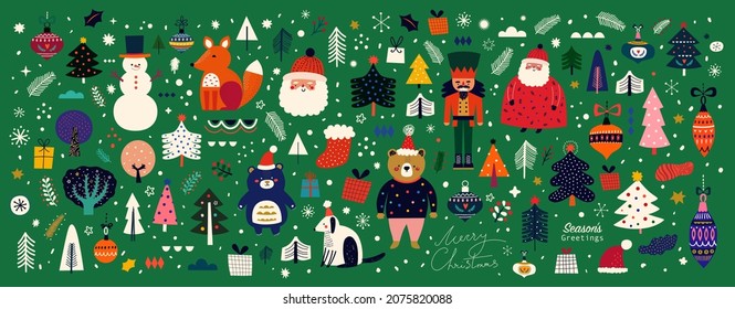 Christmas decorative banner with funny Santa Claus, nutcracker, gift boxes and many others. Big Christmas collection in Scandinavian style with traditional Christmas and New Year elements	