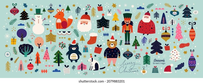 Christmas decorative banner with funny Santa Claus, nutcracker, gift boxes and many others. Big Christmas collection in Scandinavian style with traditional Christmas and New Year elements