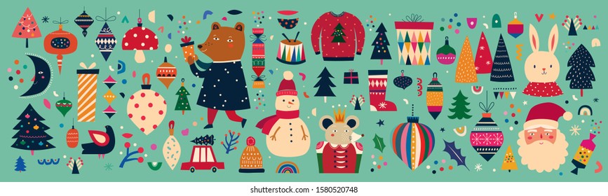 Christmas decorative banner with incredible funny characters in vintage style	