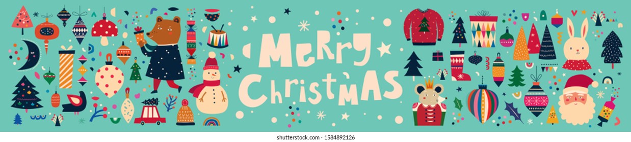 Christmas decorative banner with incredible funny characters in vintage style	