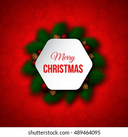 Christmas decorative banner with pine branches, red balls, pine cones. Red color background, snowflake pattern. Merry Christmas text. Vector illustration.