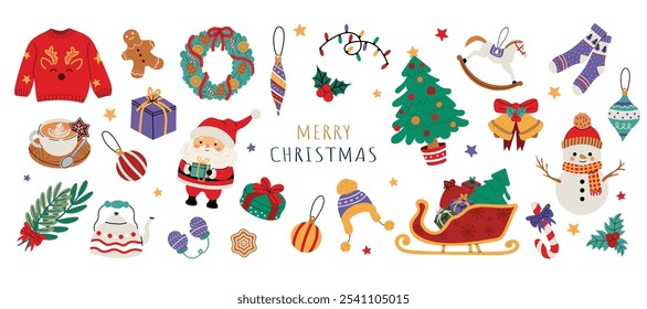 Christmas decorative banner. Winter 2025 holiday decorations. Perfect for seasonal projects, greeting cards, and festive decor. Colorful vector illustration, banner on a white background.