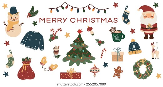 Christmas decorative banner. Winter holiday decorations 2025. Ideal for seasonal projects, greeting cards and holiday decor. Color vector illustration on a white background.