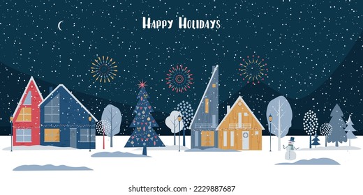 Christmas decorative banner with winter landscape. Houses, a large decorated Christmas tree, a snowman, fireworks, winter night, snow.