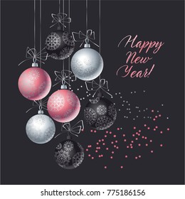 Christmas decorative bauble on black background. Vector illustration with new year balls for xmas card, invitation, surface design. Luxury rose gold ornament elements. 
