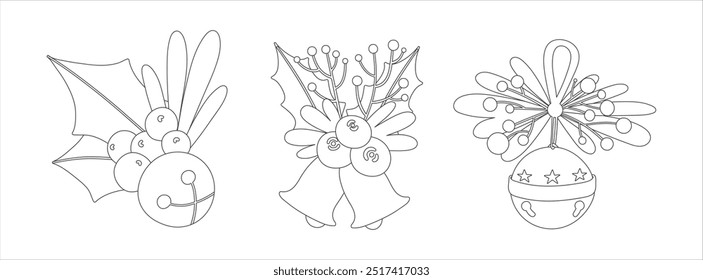 Sinos decorativos de Natal com bagas de colcha alegre, visco e arcos. Livro de colorir para adultos e crianças. Ilustração de vetor bonito.