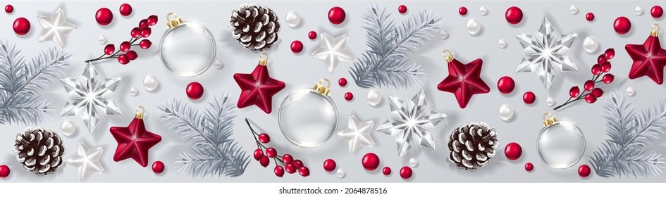 Christmas decorative border and background made of festive decoration elements. New Year concept. White and red color.