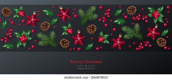Christmas decorative border and background made of festive decoration elements. New Year concept.  Red and green color. 