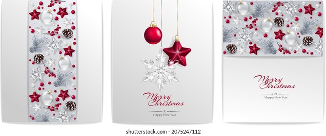 Weihnachtsschmuck und Hintergrund aus festlichen Dekorationselementen. Neujahrskonzept. Weiß und Rot