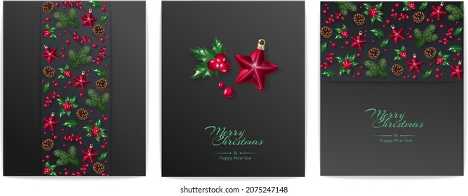 Christmas decorative border and background made of festive decoration elements. New Year concept.  Red and green color. 