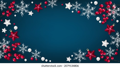 Borde decorativo navideño y fondo de elementos decorativos festivos. Concepto de Año Nuevo.
