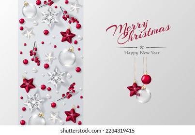 Weihnachtsschmuck und Hintergrund aus festlichen Dekorationselementen. Neujahrskonzept. Weiß und Rot