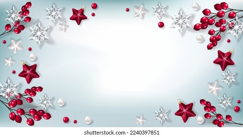 Christmas decorative border and background made of festive decoration elements. New Year concept
