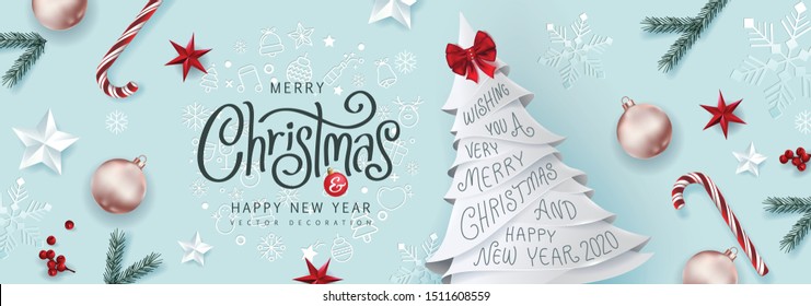 Christmas Decorative Border made of Festive Elements Background .Merry Christmas vector text Calligraphic Lettering Vector illustration. 