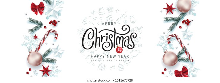 Christmas Decorative Border made of Festive Elements Background .Merry Christmas vector text Calligraphic Lettering Vector illustration. 