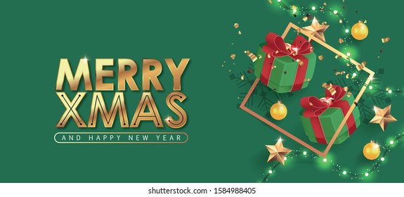 Christmas Decorative Border made of Festive Elements on green Background .Vector illustration. 