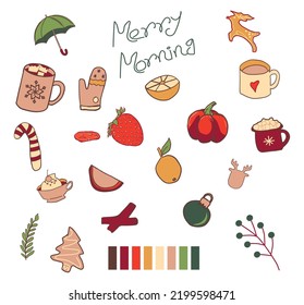 Christmas Decorative Border made of Festive Elements. Free hand merry morning illustration.