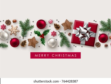 Christmas Decorative Border made of Festive Elements with Calligraphic Seasons Wishes