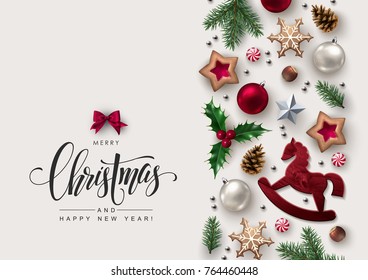 Christmas Decorative Border made of Festive Elements with Calligraphic Seasons Wishes