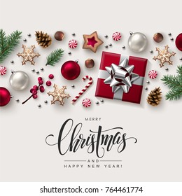 Christmas Decorative Border made of Festive Elements with Calligraphic Seasons Wishes