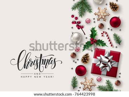 Christmas Decorative Border made of Festive Elements with Calligraphic Seasons Wishes